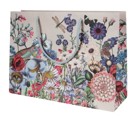 Geschenktragetasche mit Blumenwiesenmotiv und grauen Baumwollkordeln