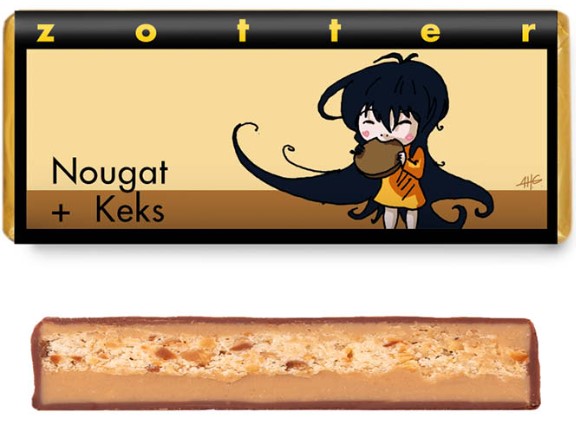 Zotter Tafelschokolade Nougat + Keks mit Nougatfüllung und knusprigen Mandelkeksstücken