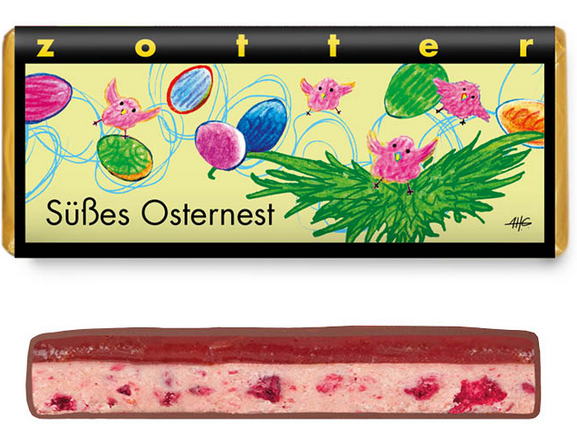 Zotter Süßes Osternest Milchschokolade 50% mit Himbeer-Karamell und Fruchtnougat