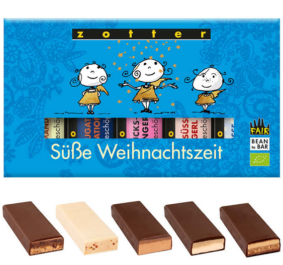Geschenkset mit 5 Mini-Schokoladen von Zotter, Bio & Fair, Weihnachtsmotive