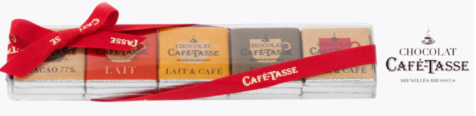 Café-Tasse Napolitains 15er Geschenkset – belgische Mini-Schokoladen mit roter Schleife