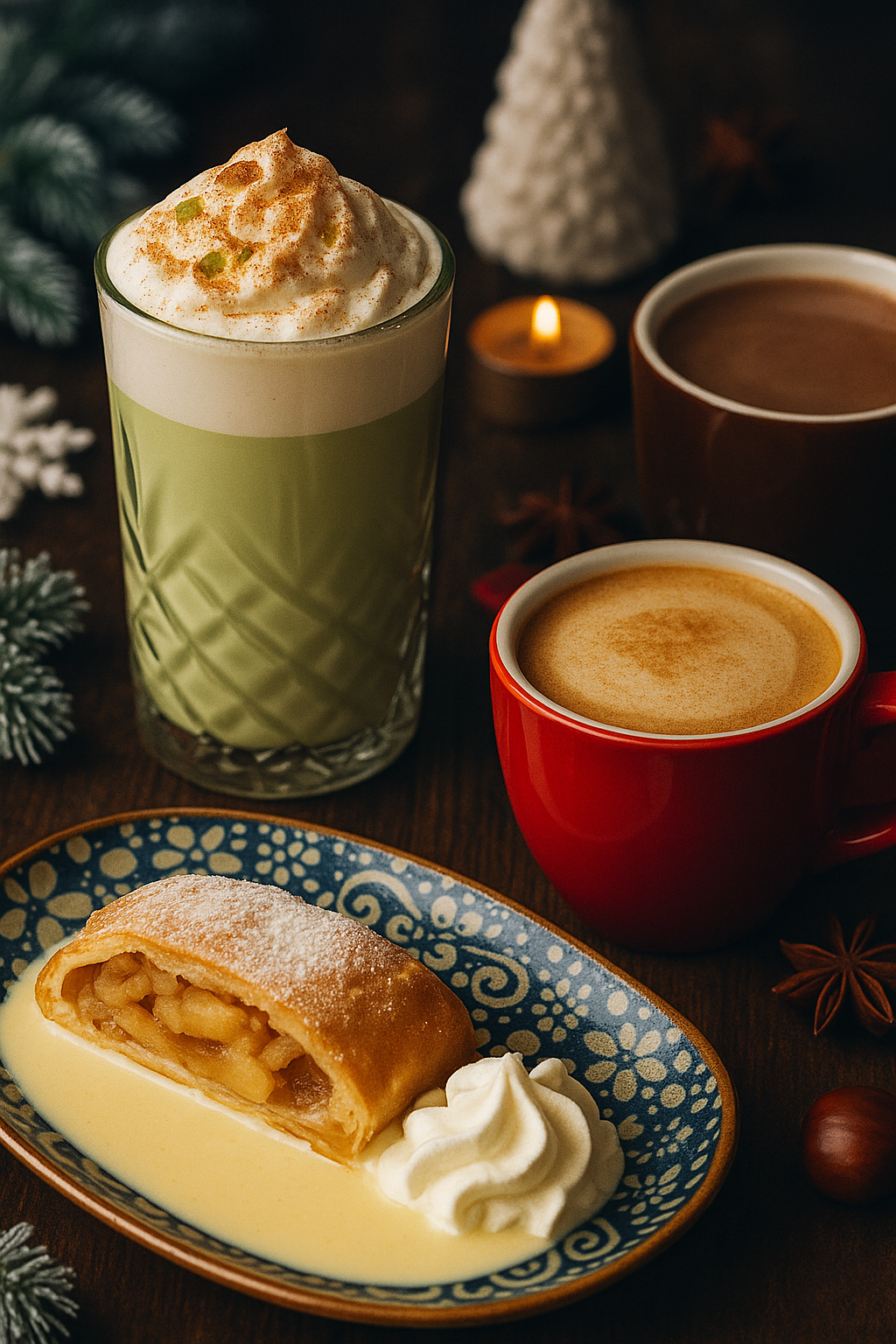 Winterliches Dessert mit Apfelstrudel in Vanillesauce, Latte im Kristallglas und Cappuccino in roter Tasse – serviert in der Kaffeerösterei Bad Saarow