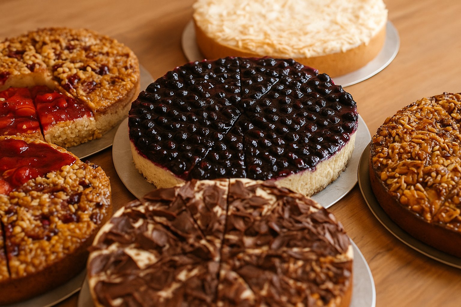 Hausgemachte Kuchen im Café Bad Saarow genießen Kuchenauswahl im Café Bad Saarow – Torten, Nusskuchen & Fruchtkuchen auf Holzplatte