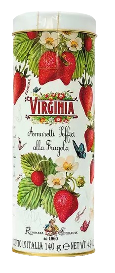 Weiche Erdbeer-Amaretti in nostalgischer Metalldose, aromaversiegelt, italienisches Gebäck mit Erdbeergeschmack.