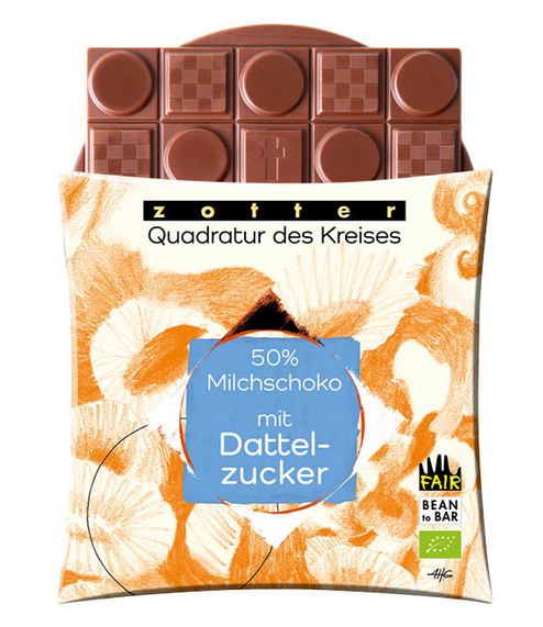 Zotter Milchschokolade mit Dattelzucker, bio, fair, Quadratur des Kreises Edition.