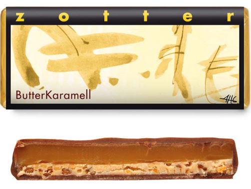 Zotter Butterkaramell – handgeschöpfte Schokolade mit Nougat und Karamell-Crispies, ideal zum Kaffee-Moment.