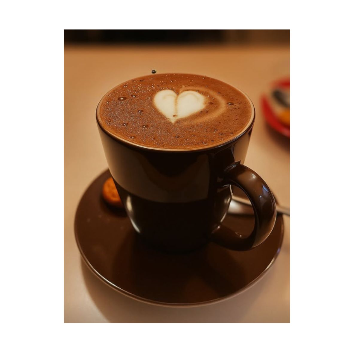 Detailansicht der Café-Tasse Trinkschokolade Sachets – Sorten Orange, Vanille, Haselnuss, Karamell, Zimt und Intense