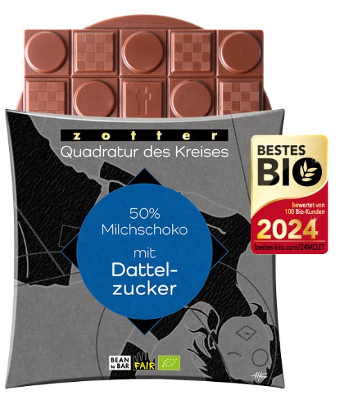 Zotter Milchschokolade mit Dattelzucker – handgeschöpfte Bio-Tafel aus Tiroler Bergmilch, angeboten von der Kaffeerösterei Bad Saarow