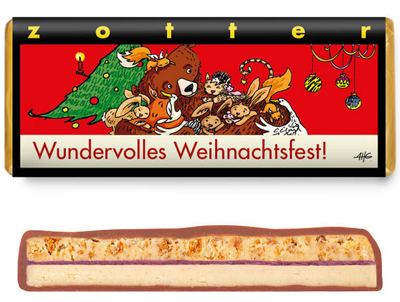 Zotter Wundervolles Weihnachtsfest – Keks-Nougat-Schokolade, handgeschöpft, Bio, weihnachtliche Tafel mit Cheesecake- und Keksfüllung.