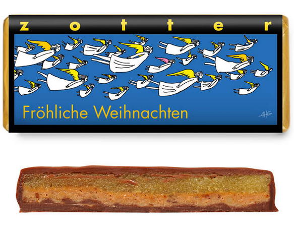 Zotter Gewürz-Marzipan & Zimt-Nougat Winter-Schokolade, handgeschöpft, Bio, dunkle Milchschokolade mit Marzipan und Zimtnougat.