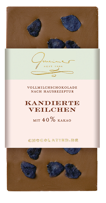 Vollmilchschokolade mit kandierten Veilchen – handgeschöpfte Spezialität, ausgewählt von der Kaffeerösterei Bad Saarow