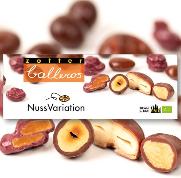 balleros Schoko-Nussmix – handgerollte Cashews, Haselnüsse, Mandeln und Macadamias in feiner Schokolade, erhältlich bei der Kaffeerösterei Bad Saarow