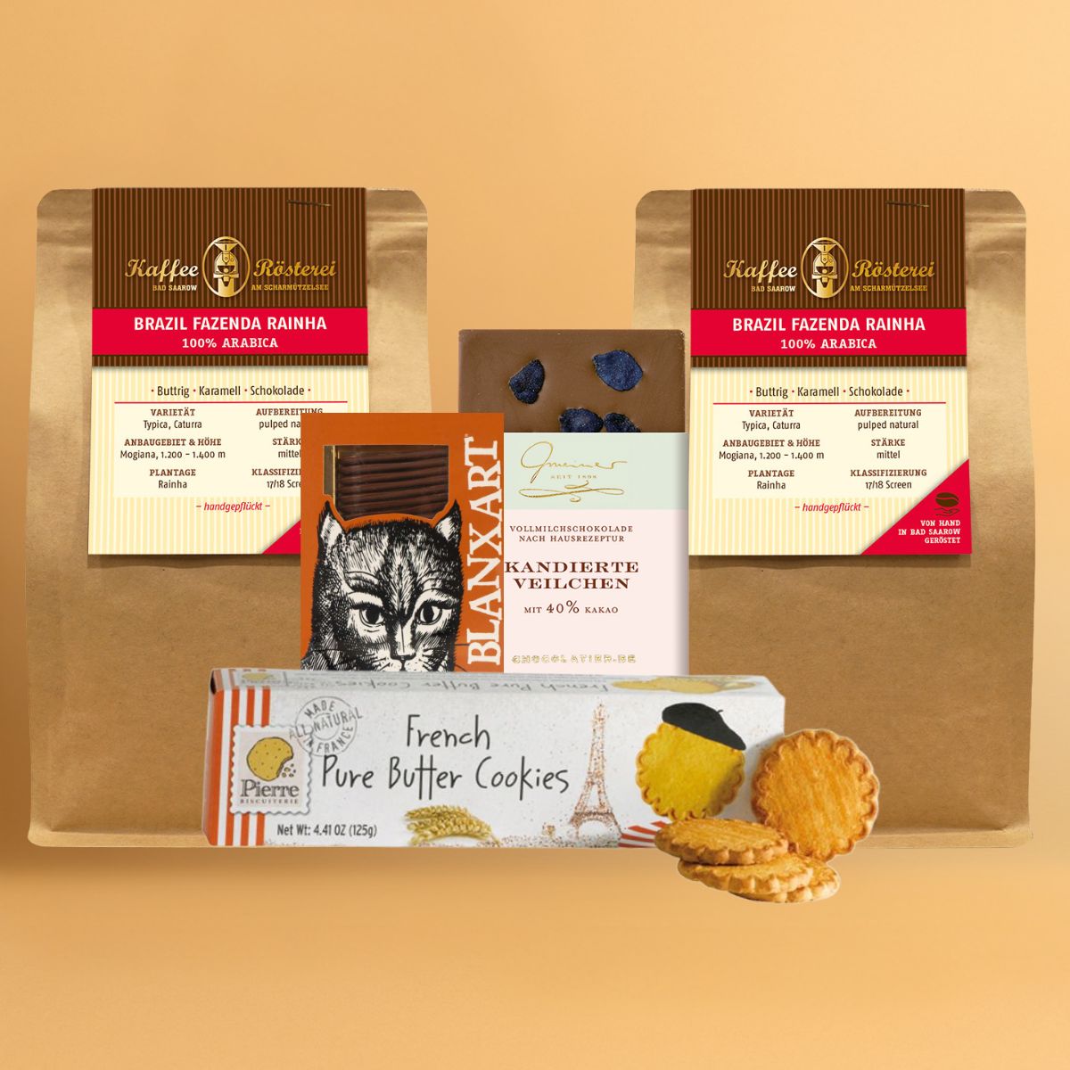 Kaffee Genussset mit zwei Kaffees, Schokolade und Butterkeksen von der Kaffeerösterei Bad Saarow