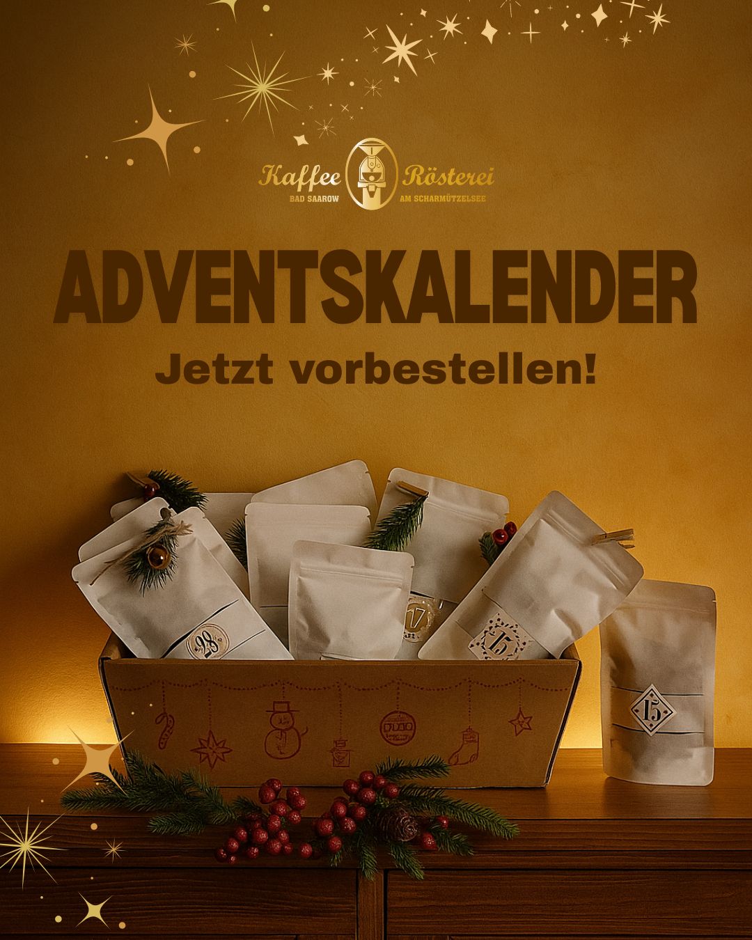 Adventskalender 2025 der Kaffeerösterei Bad Saarow – gefüllt mit handgeröstetem Kaffee, Tee, Pralinen & hausgemachten Spezialitäten