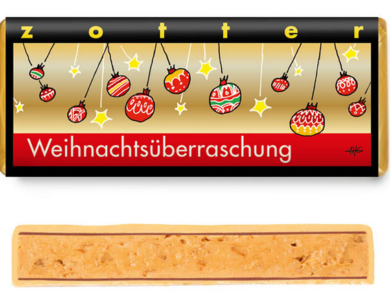 Zotter Weihnachtsüberraschung – Karamell-Mandelnougat mit Waffelkrokant in Karamellkuvertüre