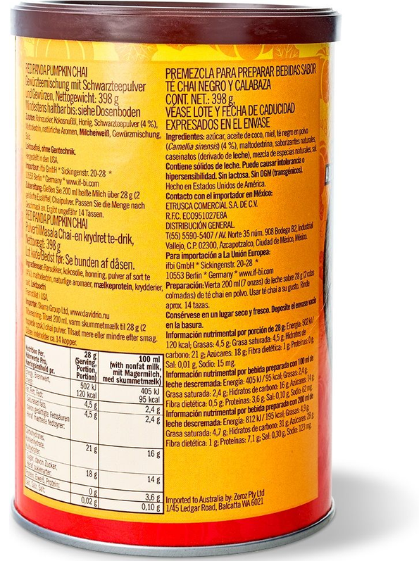 David Rio Red Panda Pumpkin Chai 398 g – Rückseite der Dose mit Produktinformationen