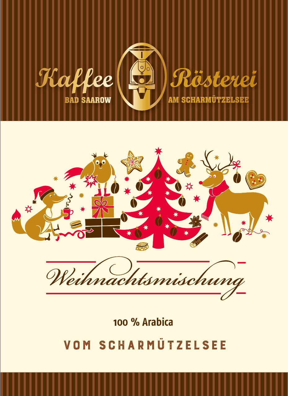 Weihnachtskaffee der Kaffeerösterei Bad Saarow – handgerösteter Adventskaffee in roter Festtagstüte, perfekt für winterliche Genussmomente.