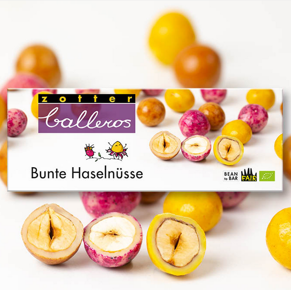 Bunte Haselnüsse in weißer Schokolade – Zimt, Kurkuma & Drachenfrucht