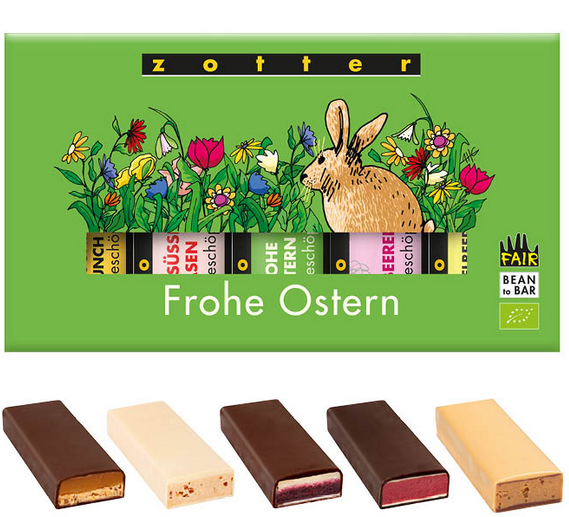 Zotter Frohe Ostern Schoko-Minis Geschenkset mit 5 Sorten handgeschöpfter Bio-Schokolade