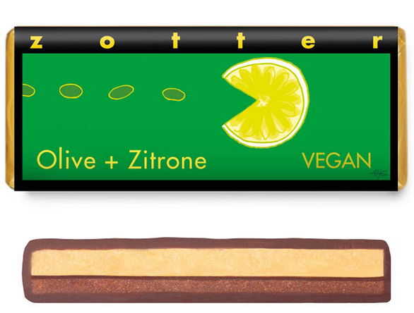 Zotter Schokolade mit Olivenganache & Mandelnougat – vegan, handgeschöpft, 70 % Kakao, erhältlich bei der Kaffeerösterei Bad Saarow