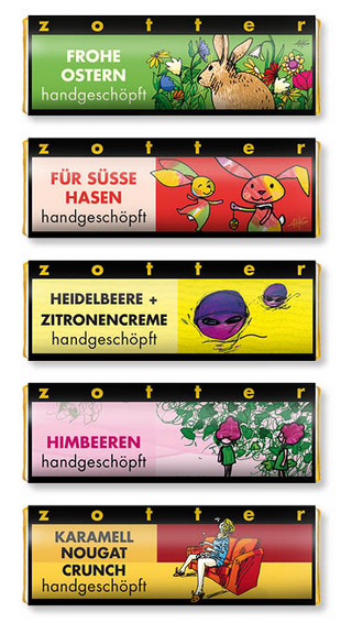 Übersicht der fünf Zotter Schoko-Minis Sorten Butterkaramell, Schokobiene, Heidelbeere-Zitrone, Himbeere und Karamell Nougat Crunch