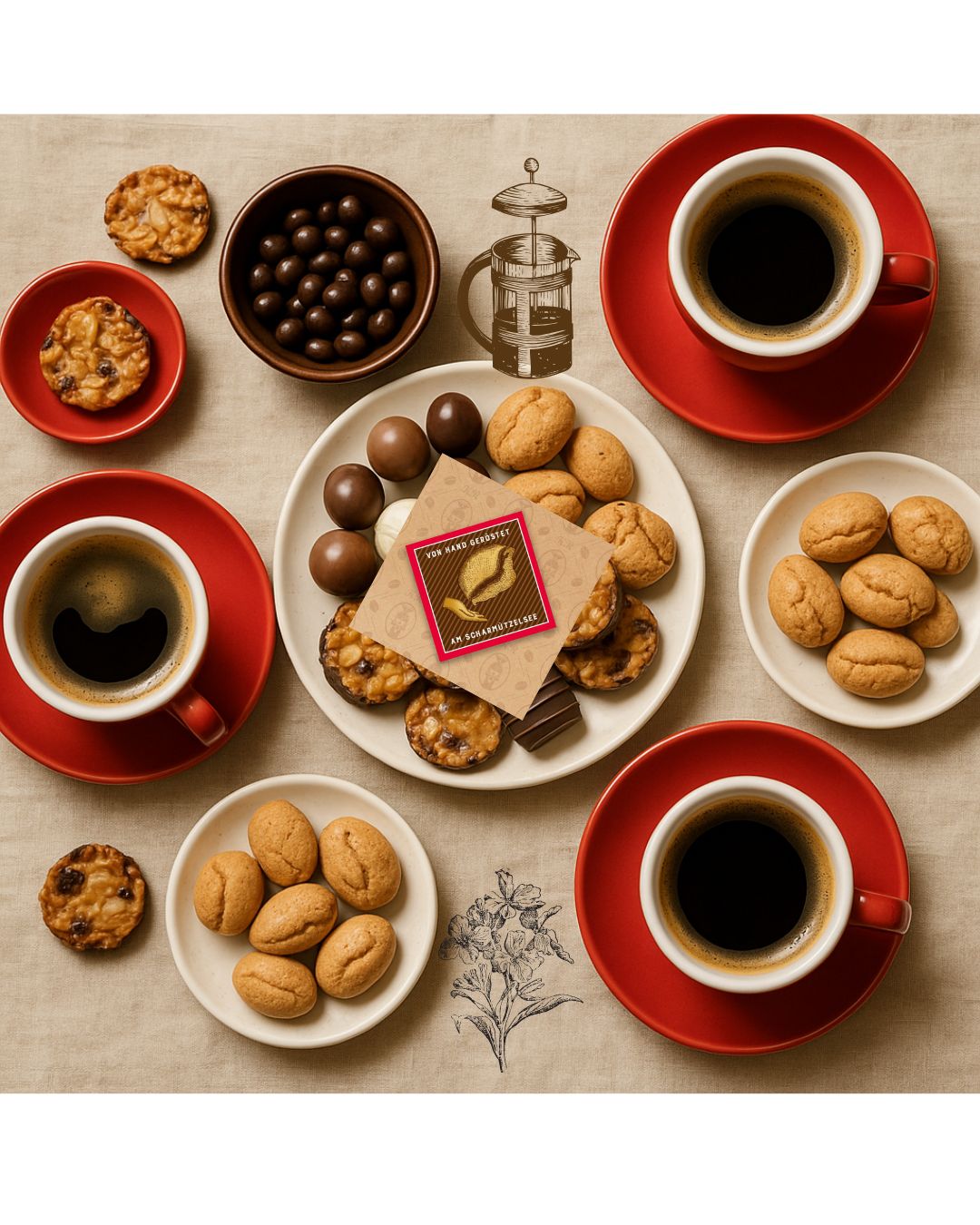 kaffee und gebäck kaffetafel mit spezialitätenkaffee pralinen und keksen im café