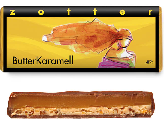 Zotter Butterkaramell – handgeschöpfte Schokolade mit Nougat und Karamell-Crispies, ideal zum Kaffee-Moment.