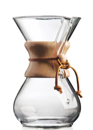chemex-kaffeekanne aus glas mit holzmanschette und lederband für pour over filterkaffee