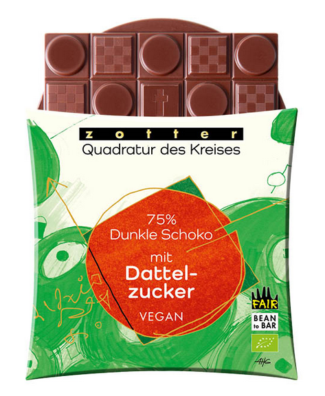 Zotter 75 % Dunkle Schokolade mit Dattelzucker, bio, vegan, Quadratur des Kreises Edition.