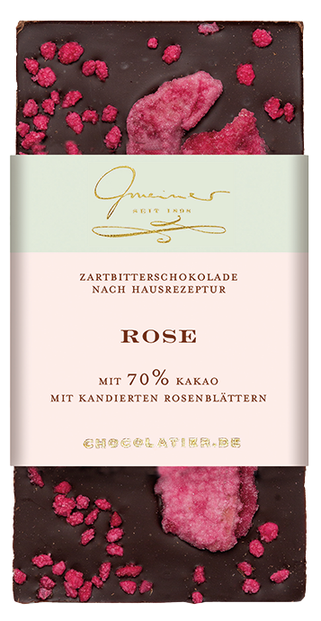 Zartbitterschokolade mit kandierten Rosenblättern – handgeschöpfte Spezialität, ausgewählt von der Kaffeerösterei Bad Saarow