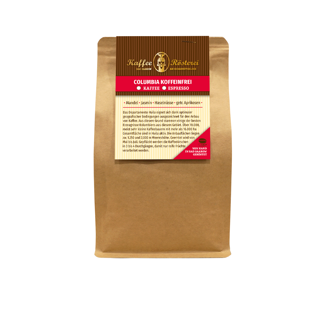 colombia koffeinfrei kaffee aus kolumbien in brauner kaffeeroesterei tuete entkoffeinierter arabica kaffee