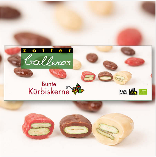 Kürbiskerne in Schokolade – fair gehandelt, in 4 Sorten überzogen, aus der Kaffeerösterei Bad Saarow