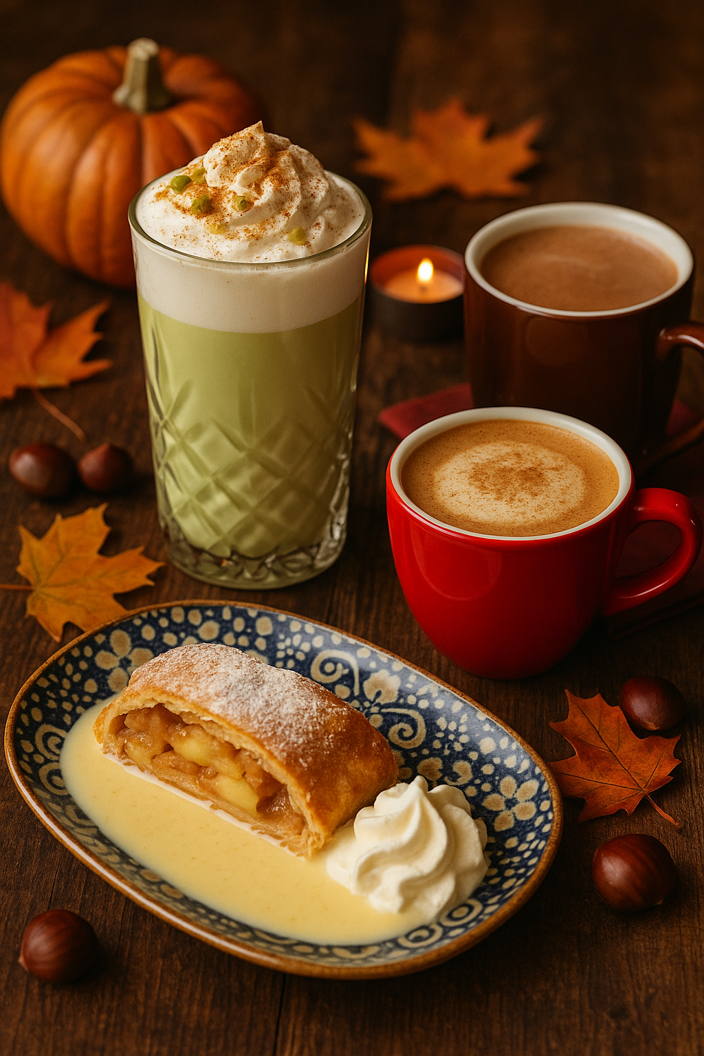 Herbstliche Kaffeemomente – Café Bad Saarow mit Apfelstrudel & Chai Herbstgenuss in der Kaffeerösterei Bad Saarow – Pumpkin Spice Latte, Chai Latte, heiße Schokolade und Apfelstrudel mit Vanillesauce