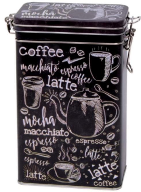 Schwarz-weiße Kaffeedose mit Bügelverschluss neben frisch gerösteten Kaffeebohnen